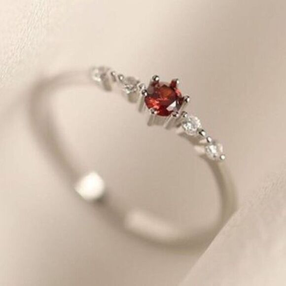 Sterling Silver Ring Size 7.75 925 Thin Band Red Cubic Zirconia CZ Dainty - Flaw - Picture 2 of 15